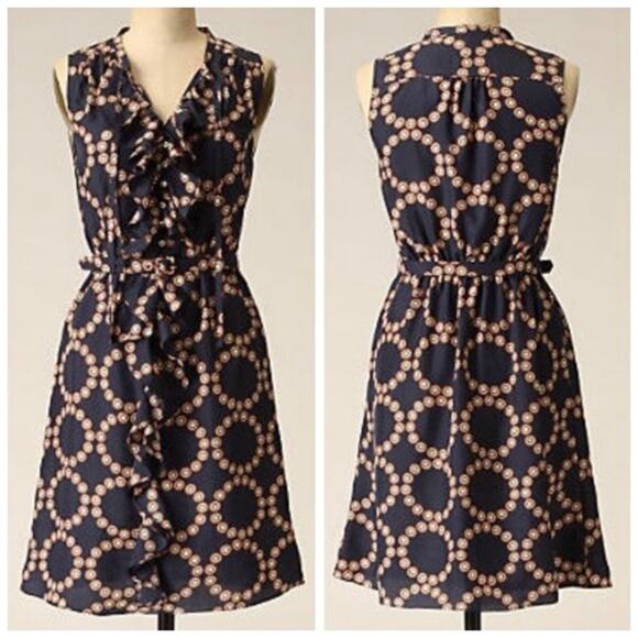 Anthropologie LIL Bullseye Silk Dress Womens Size 4 Blue Geo Print Ruffle Career - Picture 1 of 10